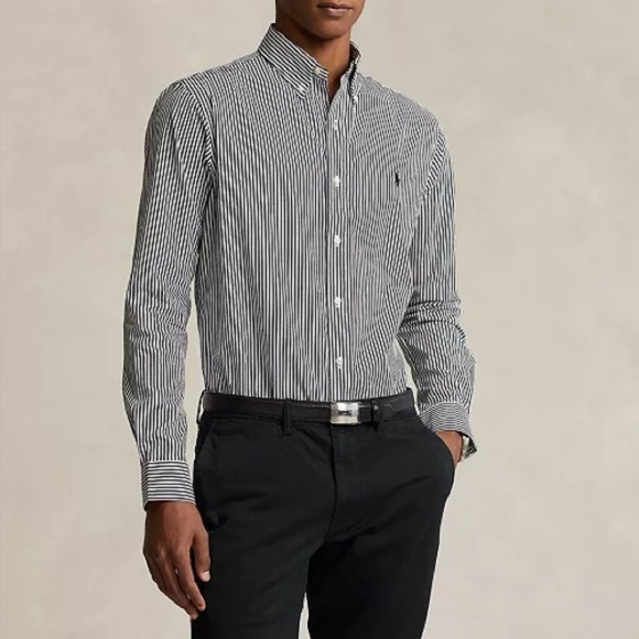 POLO RALPH LAUREN Classic Fit Striped Stretch Poplin Shirt Black Grey White Sm - Picture 5 of 11